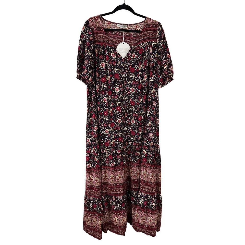 Boho Floral Maxi Dress Womens 2XL Burgundy V-Neck Short Puff Sleeve Peasant